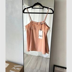 NWT ZARA BEIGE-PINK TOP Camisole Feather Straps Straight Neck Size S